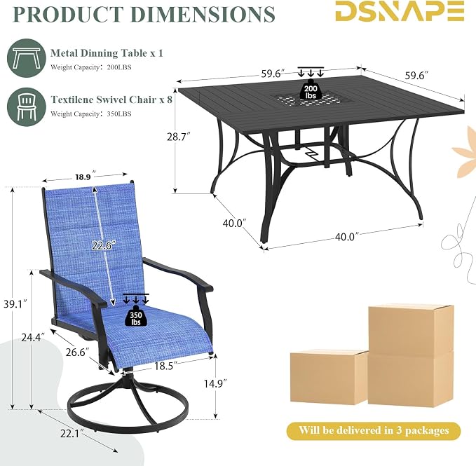 9 Pcs Patio Dining Set for 8, All Weather Outdoor Furniture Set, 59.6" Square Metal Dining Table with Umbrella Hole and 8 High Back Textilene Swivel Chairs for Deck Garden Lawn Poolside, Blue - Image 2
