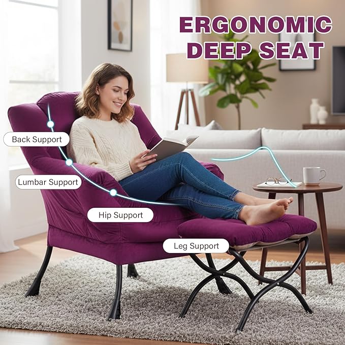 Lazy Chair with Ottoman, Modern Accent Chair Lounge Leisure Sofa Chair with Armrests, Reading Chair and Folding Footstool for Living Room, Bedroom, Office, Plush Pink