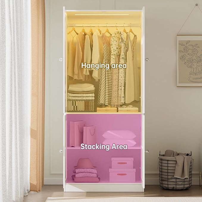 VOWNER 75" Tall Armoire Wardrobe Closet with Drawers & Lights, Clothing Storage Cabinet with 2 Glass Doors & Hanging Rod, Wooden Armoire Storage Cabinet for Bedroom (White, 75''H)