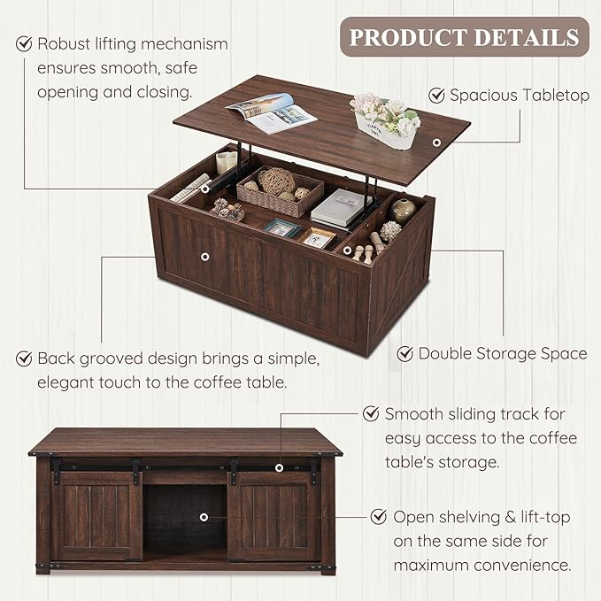 48" Lift Top Coffee Table, Farmhouse Cocktai with Sliding Groove Barn Door, Rustic Wood Center Table w/Double Storage Spaces for Living Room, Brown