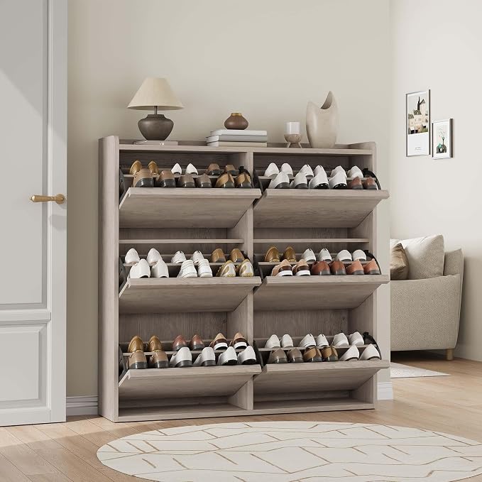GarveeHome Shoe Cabinet with 6 Flip Drawers, Wooden Shoe Organizer Cabinet with Adjustable Shelf, Shoe Storage for Entryway, Hidden Shoe Cabinet for Hallway, Living Room, Grey - Image 7