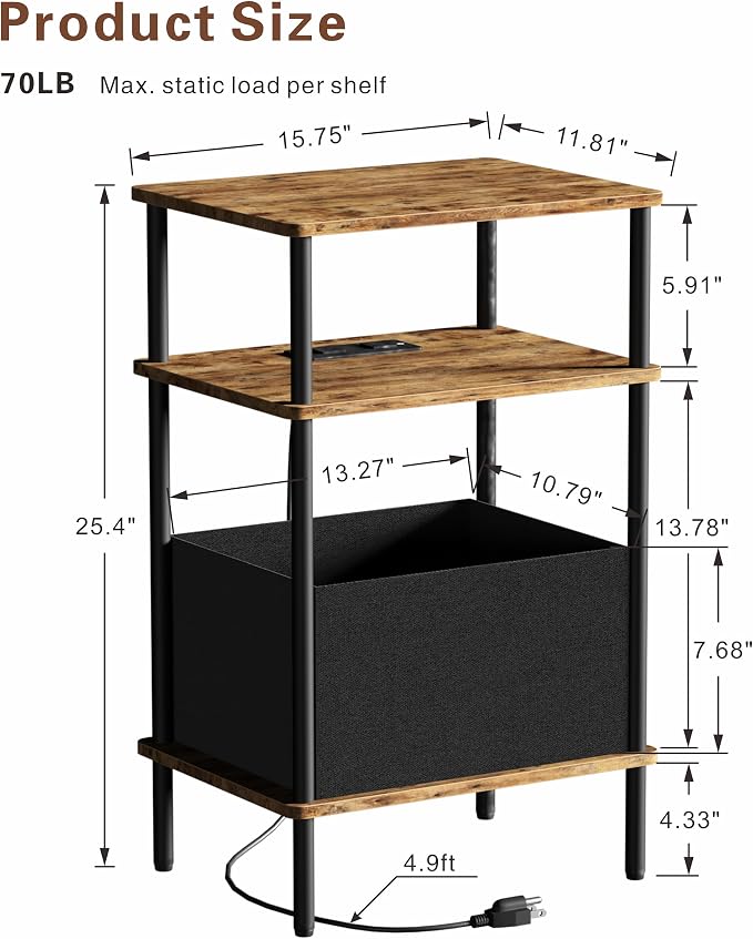Small Side Table with Charging Station, End Table for Small Spaces, Slim Nightstand with Outlet,Sofa Beside Table, 3-Tier Storage Shelf,Living Room, Bed Room, Rustic Brown - Image 3