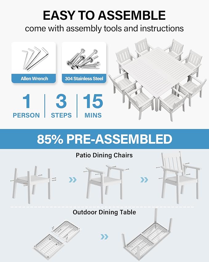 YEFU HIPS Patio Table Set: 10 Piece Outdoor Table and Chairs Dining Furniture Set with Umbrella Hole - White Modern Plastic Dining Sets 8 Person for Outside Deck with Metal Aluminum Frame - Image 2
