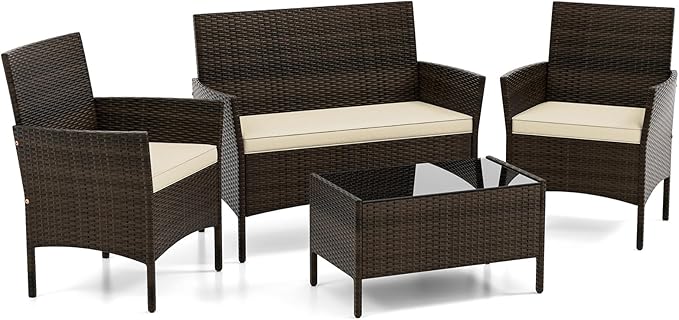 DORTALA Wicker Patio Furniture Set 4 Piece, Outdoor PE Rattan Table & Chairs Set with Tempered Glass Coffee Table, Loveseat, Cushions, Conversation Set for Balcony, Porch, Backyard, Deck, Beige