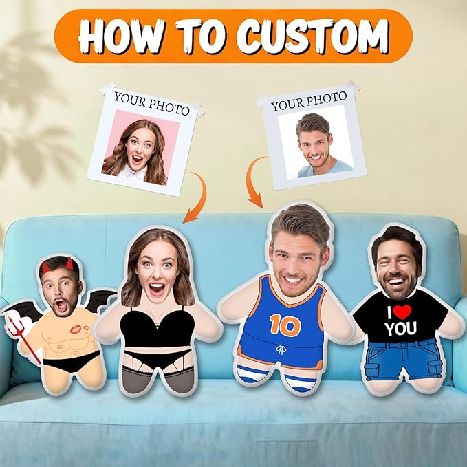 Custom Face Pillow with Body Personalized Photo Plush Doll Double-Sided 3D Funny Throw Pillow for Couch & Bed Cute Customized Gift for Valentine?€?s Day, Anniversary, Boyfriend Girlfriend Him Her
