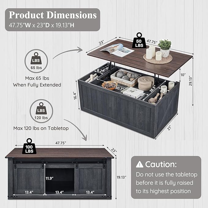 48" Lift Top Coffee Table, Farmhouse Cocktai with Sliding Groove Barn Door, Rustic Wood Center Table w/Double Storage Spaces for Living Room, Dark Grey
