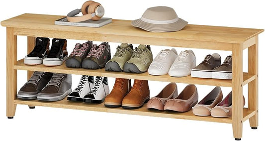 Wood Shoe Bench for Entryway,Bench with Shoe Rack,Storage Shoe Organizer for Hallway,Living Room,Bedroom (Natural, 47.24''W×11.81‘’D×17.71‘’H) by Furshus