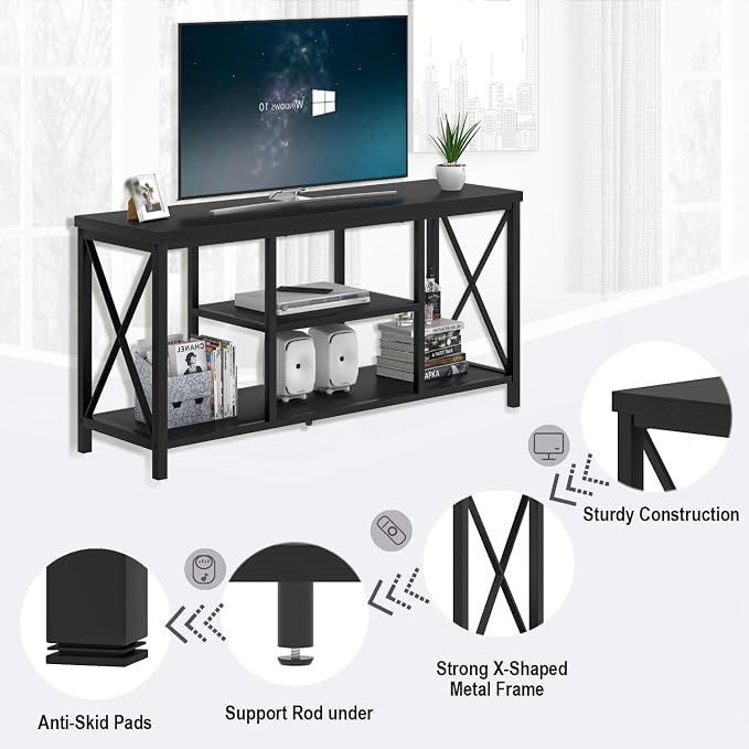 EXCEFUR Modern Entertainment Center for TVs up to 55 Inch, Wood TV Stands with Storage Shelves, Industrial Media TV Console Table for Bedroom Living Room, 47 Inch Black Oak - Image 6