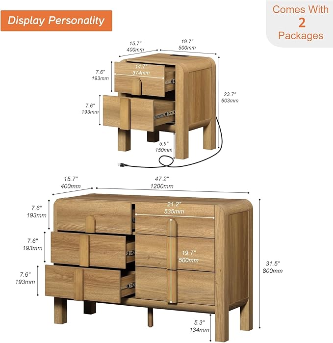 WAMPAT Dresser and Nightstand Sets, 47.2" W Mid Century Modern Chest of Drawers, Wood 6 Drawer Dresser & Nightstand with Charging Station, Curved Profile Design (Light Walnut, 2PCS)