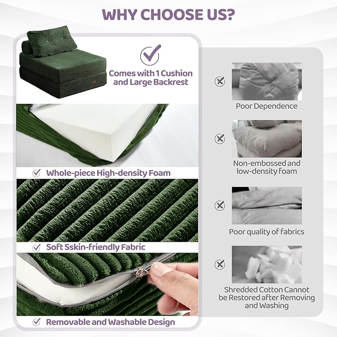 Folding Sofa Bed,3-in-1 Convertible Sleeper Chair Corduroy High-Density Foam with Pillow,Fold Out Chair Bed,Foldable Single Futon Chair for Living Room、Hotel,Single, Emerald Green