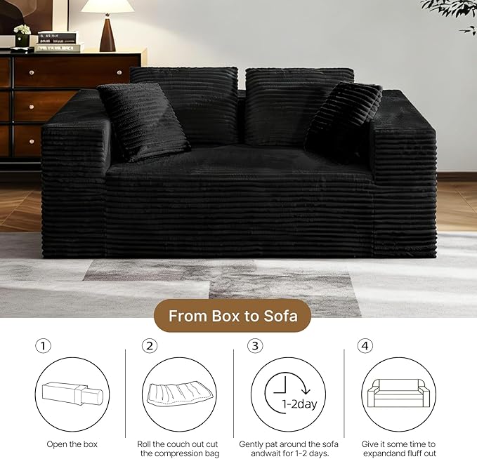 2-Seater Deep-Seat Corduroy Lounge Sleeper Sofa, No Assembly Frameless Foam Cloud Couch, Comfy Plush Double Seater for Living Room Bedroom Apartment Dorm Office (Black)