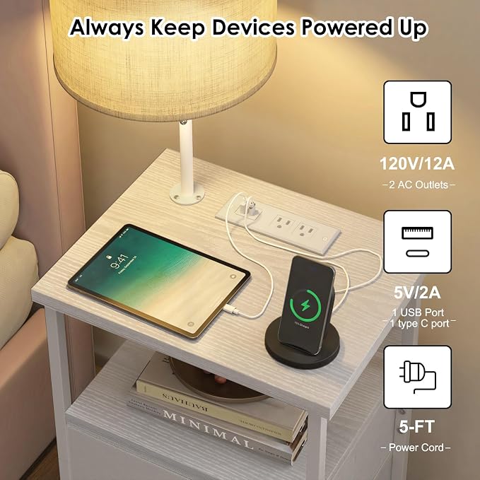 Fixwal Night Stand with 3 Color Temperature Bulb Attached, Nightstand with Light & Charging Station End Table with Fabric Drawer for Bedroom, Dorm, White - Image 4