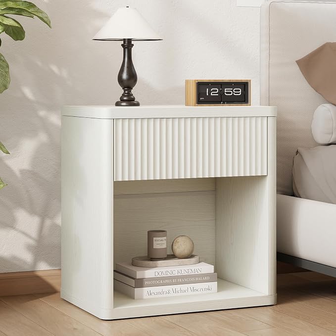 LubanNese Fluted Nightstands Set of 2, Modern Night Stands with Drawer, Bedside Table with Storage Open Shelf, Mid Century Large Wide Wood End Table for Bedroom Living Room, White Oak - Image 2