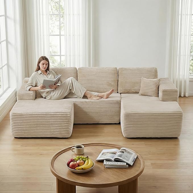 104" Boneless Modular Sectional Sofa with Reconfigurable U-Shaped Layout, No Assembly Required Compressed Sofa, Deep Seat Seating with Ottoman for Living Room, Bedroom, Apartment Beige Left