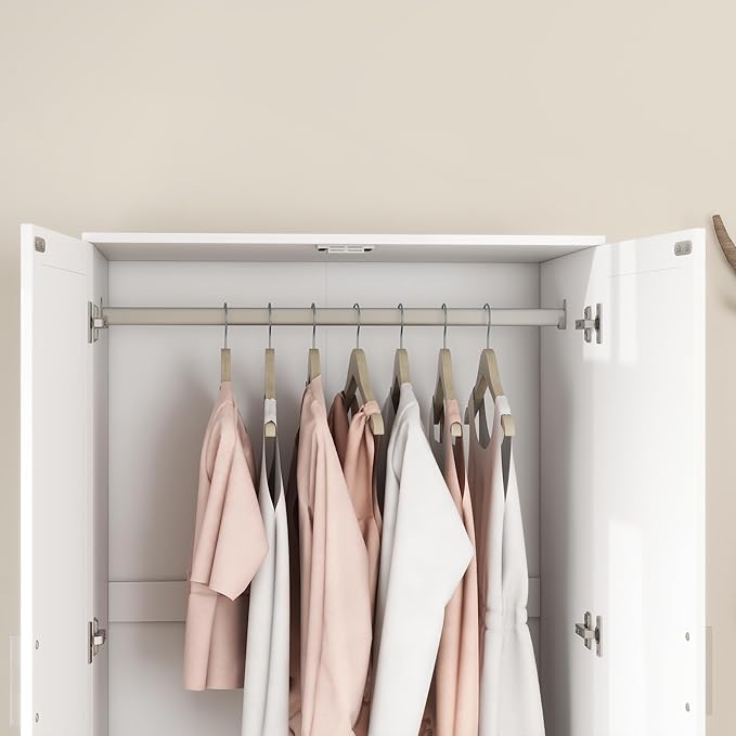 Panana Modern 2 Doors 2 Drawers Bedroom Armoires Wardrobe Clothes Storage Closet with Hanging Rod, Wooden Bedroom Freestanding Wardrobe, 31.5" W x 19.7" D x 70" H (White)