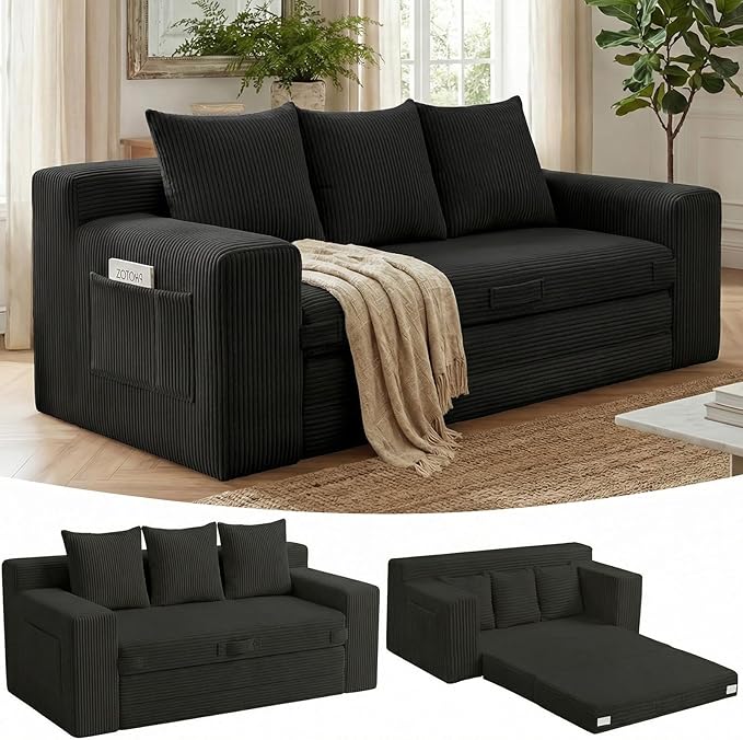 Boneless Couch Sleeper Sofa Bed: 3-in-1 Convertible Sofa Bed with Side Pockets & Handle,Pull Out Couch with 3 Pillows,Folding Futon for Small Space,Living Room & Bedroom