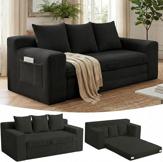 Boneless Couch Sleeper Sofa Bed: 3-in-1 Convertible Sofa Bed with Side Pockets & Handle,Pull Out Couch with 3 Pillows,Folding Futon for Small Space,Living Room & Bedroom
