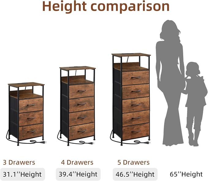 Somdot Tall Nightstand with Charging Station and LED Light for Bedroom, 4 Drawers Dresser with Fabric Bins for Bedside Kids Dorm Room Closet Laundry Entryway, Wood Grain Print - Image 9