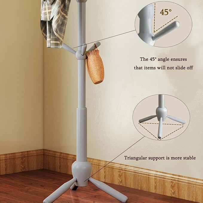 Solid Wood Coat Rack Stand, Vintage Heavy Duty Coat Hanger Stand with 9 Hooks, 3 Adjustable Size Sturdy Coat Tree for Living Room, Entryway, Office, Hallway, Grey - Image 6