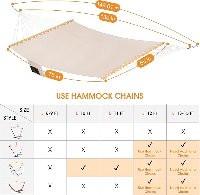 Lazy Daze Hammocks 11 FT Double Outside Hammock Quick Dry Olefin Fabric Hammock with Spreader Bar & Side Pocket for Outdoor Poolside Backyard 450 lbs Capacity, Beige - Image 6