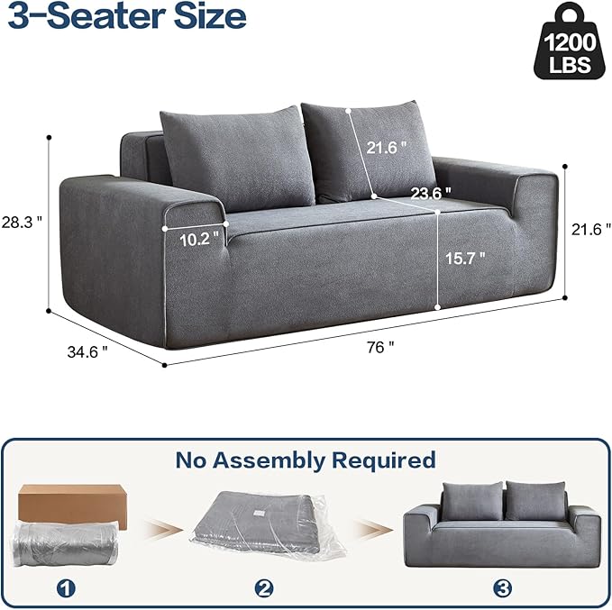 76" Memory Foam Couch 3 Seater, Boneless Couh with Deep Seat, Small Cloud Sofa for Living Room, Office, No Assembly Required Sofa (Grey, Velvet)