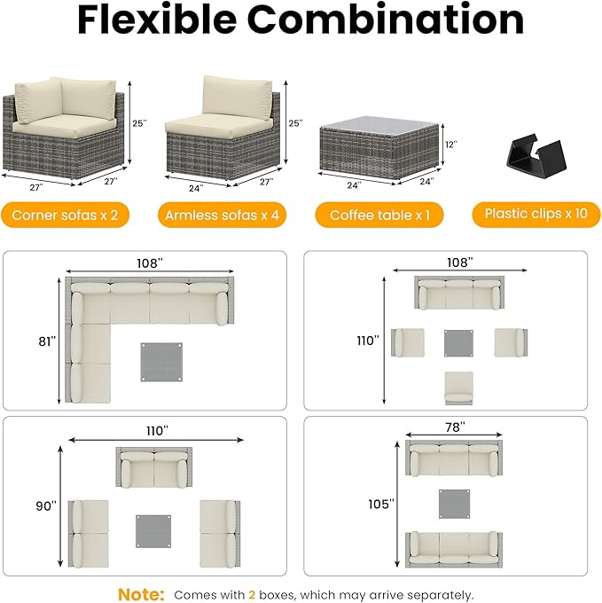 SUNVIVI OUTDOOR 7 Piece Patio Furniture Sets All Weather Gery PE Wicker Couch Sofa with Glass Table, Removable Beige Cushions, Brown Rattan