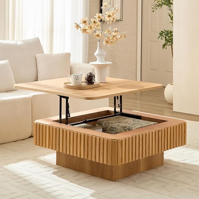 WILLIAMSPACE 35.43" Lift Top Coffee Table with Hidden Storage & Sturdy Base, Modern Luxury Square Wood Handcraft Drum Center Table Accent End Tea Table for Living Room, Minimalist Fluted Design, Oak