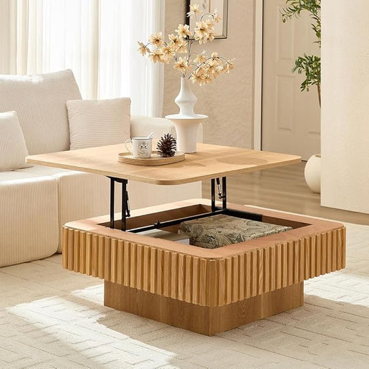 WILLIAMSPACE 35.43" Lift Top Coffee Table with Hidden Storage & Sturdy Base, Modern Luxury Square Wood Handcraft Drum Center Table Accent End Tea Table for Living Room, Minimalist Fluted Design, Oak