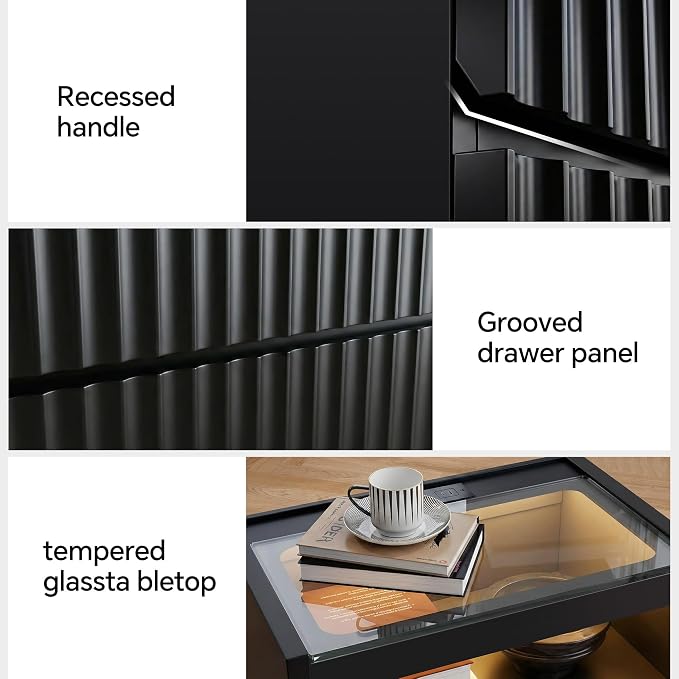 NightStand Set of 2 with Charging Station,with LED Lights and Tempered Glass Panel,Modern Bedside Tablewith 2 Fluted Drawers and Open Shelf,Hidden Handles End Table,Bedroom of Nightstand(Black) - Image 5