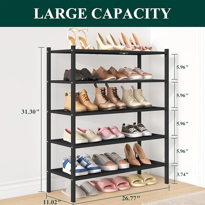 Smiry Bamboo Shoe Rack, 5 Tier Shoe Organizer for Entryway & Closet, Stackable Free Standing Storage Shelf for Shoes, Bags & Plants, Black - Image 2