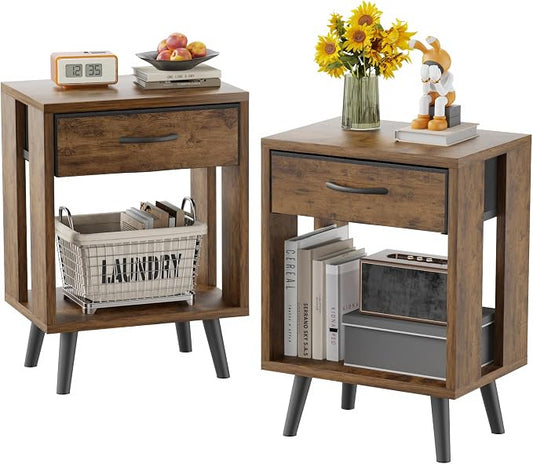 GYIIYUO Nightstand Set of 2 with Fabric Drawers and Open Shelves, Bedside Table Set - Dark Rustic Brown Bedroom Side Tables by GYIIYUO