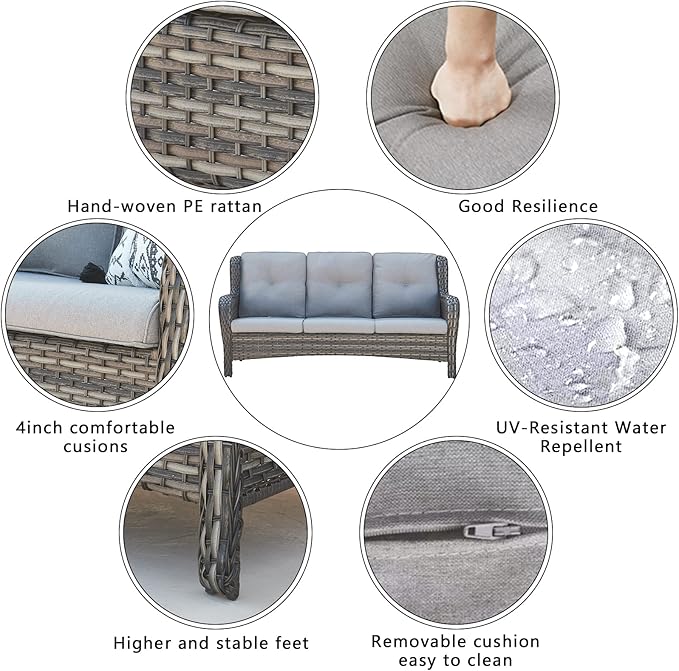 HUMMUH 6 Piece Patio Furniture Set PE Wicker Rattan 3-Seat Outdoor Sectional Sofa with Love Seats,Patio Swivel Chairs,Ottomans Conversation Sets for Garden, Poolside, Backyard