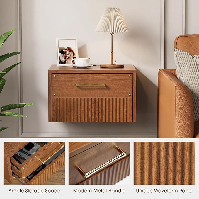 JOINICE Floating Nightstand Set of 2, Mid Century Modern Wall Mounted Bedside Table with Charging Station, Fluted End Table with Storage Drawers for Bedroom, Home Small Space, Cherry, 2 PCS - Image 3