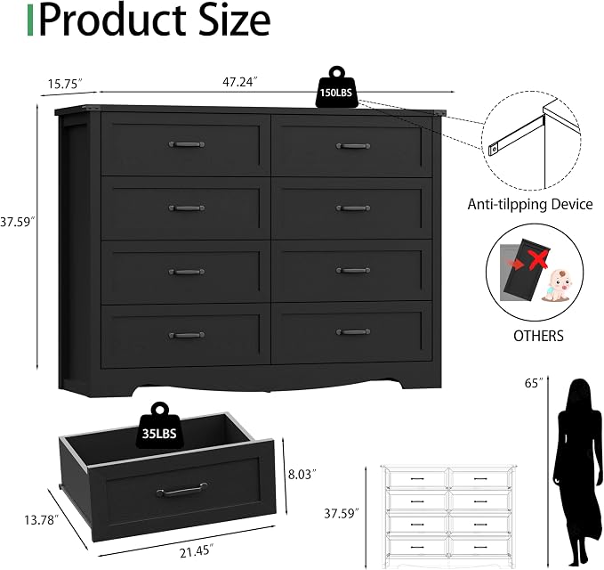 Dresser for Bedroom with 8 Drawers, 48" Wide Wood Chest of Drawers with Deep Drawers & Mental Handle, Modern Dresser TV Stand, Wooden Closet Storage Organizer for Living Room, Hallway, Entryway, Black - Image 2