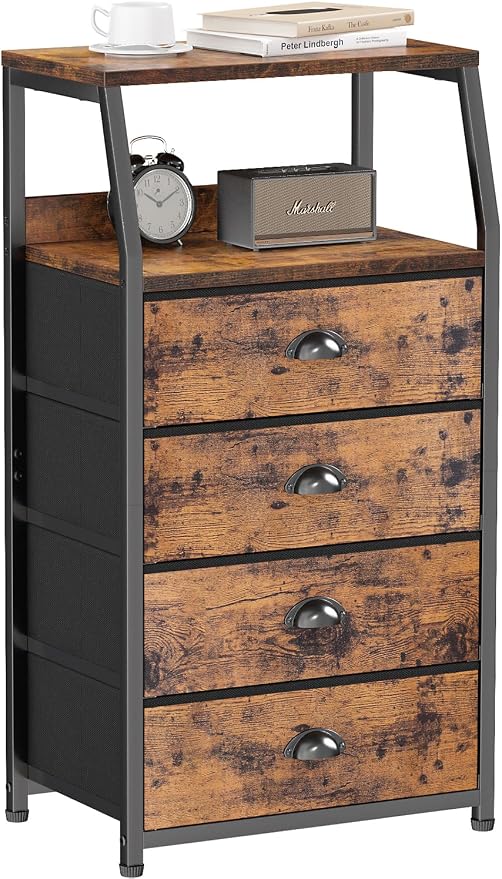 Furnulem Night Stand, Tall 4 Drawers Dresser for Bedroom, Hallway, Nursery, Closet Organizer, Nightstand Bedside Table Furniture, Vertical Storage Tower Fabric, Sturdy Steel Frame, Wood Top by Furnulem