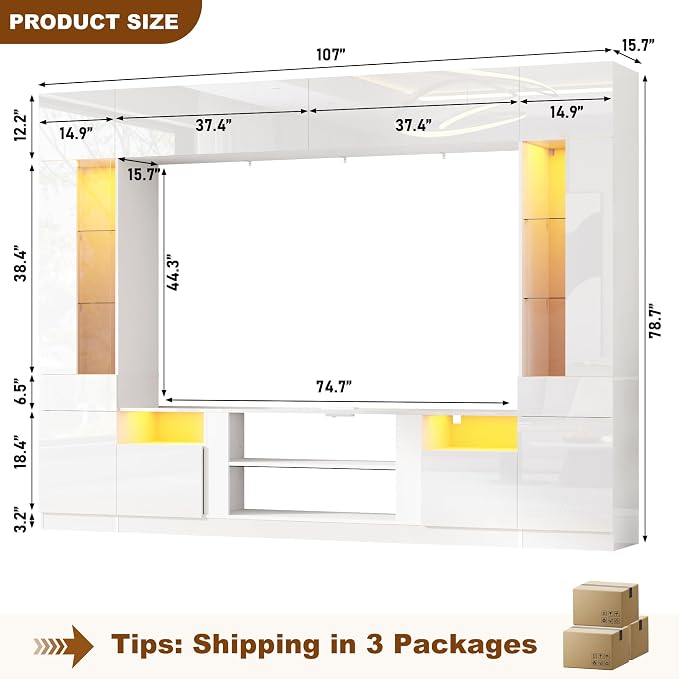 St.Mandyu 107" W Large Wall Unit TV Stand, Modern High Glossy Entertainment Center with Bookshelves and Storage, Media Console with LED Lights & Bridge Cabinet for TVs Up to 85", White - Image 7