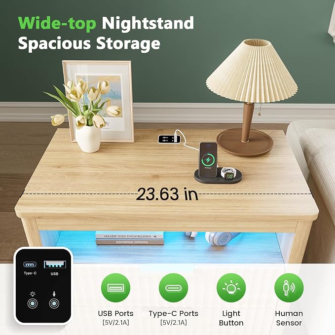 WOOVIVS End Table Set of 2 with Gun Drawer - Farmhouse Night Stand Set 2 with Charging Station for Bedroom, Smart Side Table with LED Lights,Hidden Compartment Nightstands-Wood - Image 5