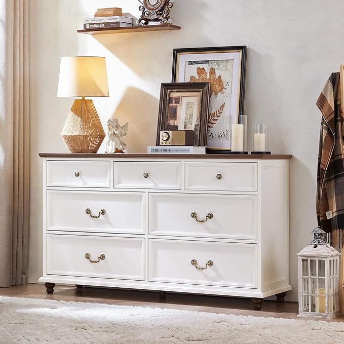 Joaxswe 24" Wide Farmhouse Nightstand with Charging Station Set of 2,54" 7 Drawers Dresser, 45" Tall Rustic Chests of 5 Drawers, Farmhouse Furniture Series for Bedroom,White