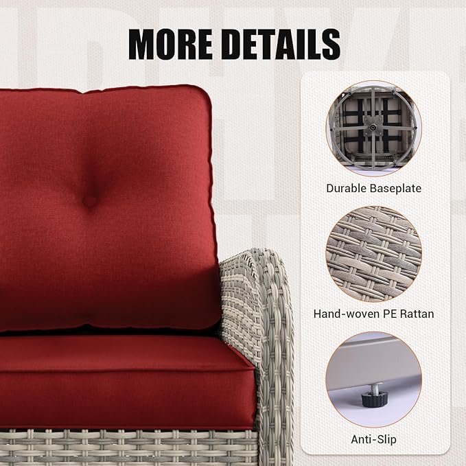 Patio Rocking Swivel Chair Outdoor Wicker Rattan Bistro Set with Tempered Glass Side Table, Outdoor Patio Furniture Set for Garden, Deck, and Balcony, Red