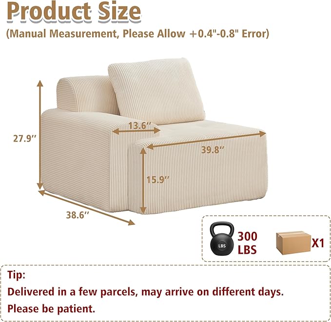 KIGOTY Modular Sectional Sofa, Comfy Cloud Sectional Couch with Left Armrest, Corner Sofa, Modern Boneless Couch for Living Room, No Assembly Required, White