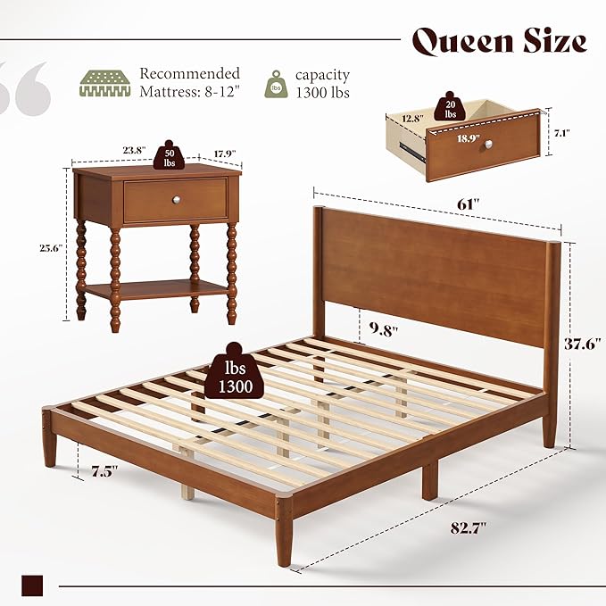 AMERLIFE 3 Piece Bedroom Set Includes Solid Wood Queen Platform Bed Frame with Headboard and 2 Nightstands with Spindle-Turned Legs, Mid Century Modern Bedroom Furniture, Brown Walnut
