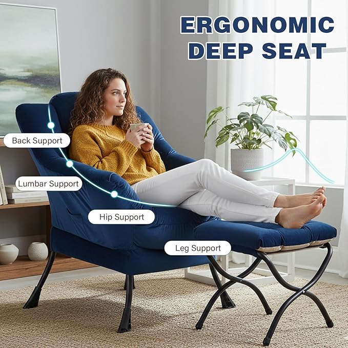 Lazy Chair with Ottoman, Modern Accent Chair Sofa Chair with Armrests, Reading Chair and Folding Footstool for Living Room, Bedroom, Office, Royal Blue