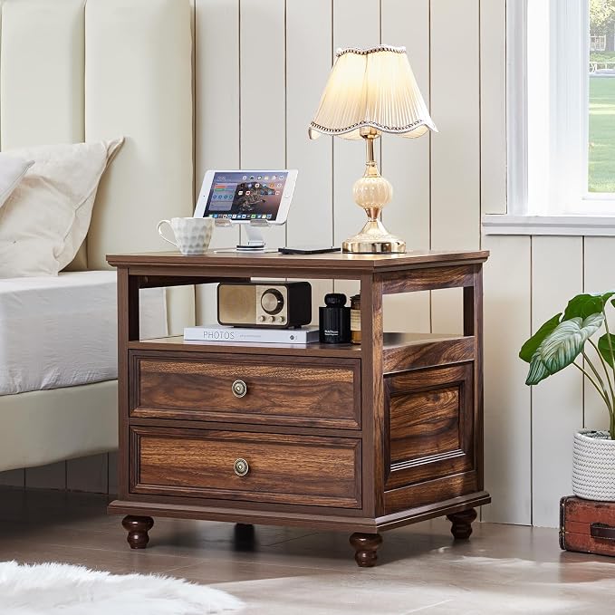 Joaxswe 24" Wide Farmhouse Night Stand Set of 2,Large End Table with 2 Drawers & Metal Handle,Brown Wood Dresser for Bedroom, Bed Side Table Chest of Drawers Cabinet, Nightstand for Living Room,Closet - Image 4