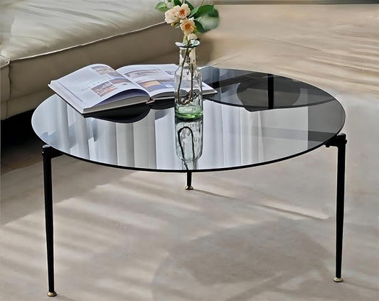 Round Tempered Glass Table 31.5 inch Large Circle Top Metal Frame Grey