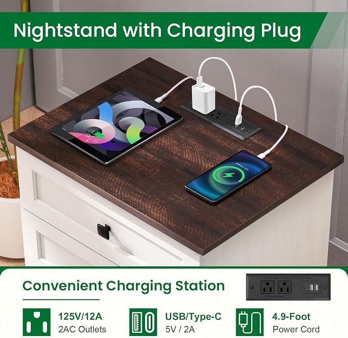 20-Inch Wide Modern Nightstand with Charging Station, End Table with 3 Large Drawers, Simple Design Bedside Table for Bedroom and Office,White(Single Piece) - Image 3