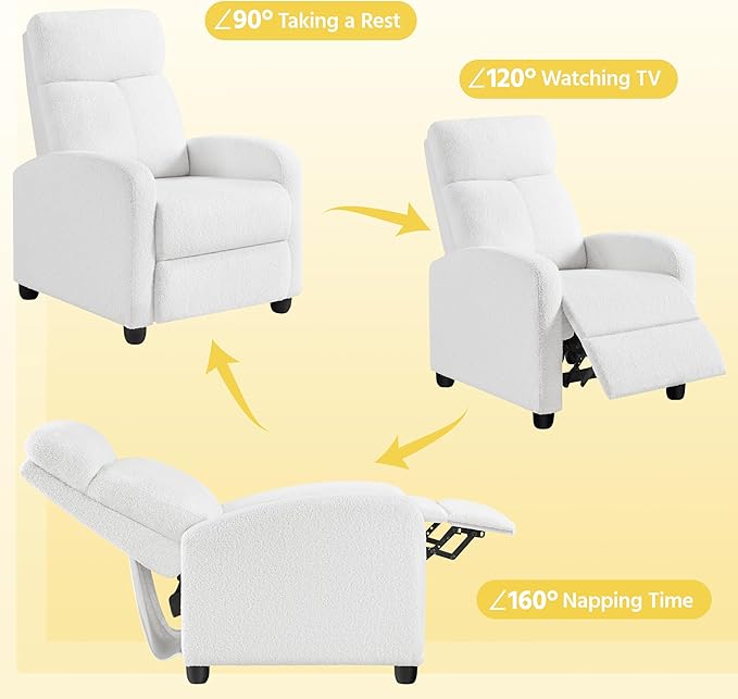 Topeakmart Boucle Recliner Sofa Push Back Recliner Chair Adjustable Modern Single Reclining Chair Upholstered Sofa with Pocket Spring Living Room Bedroom Home Theater White