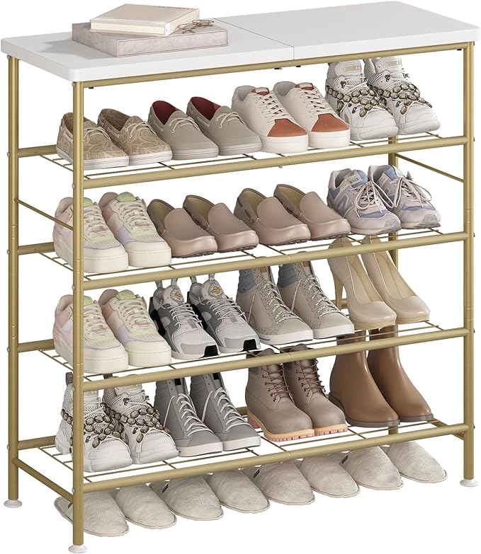 SUOERNUO Shoe Rack Organizer 5 Tier for Closet Entryway Free Standing Metal Storage Shoe Shelf with MDF Top Board，Gold by SUOERNUO