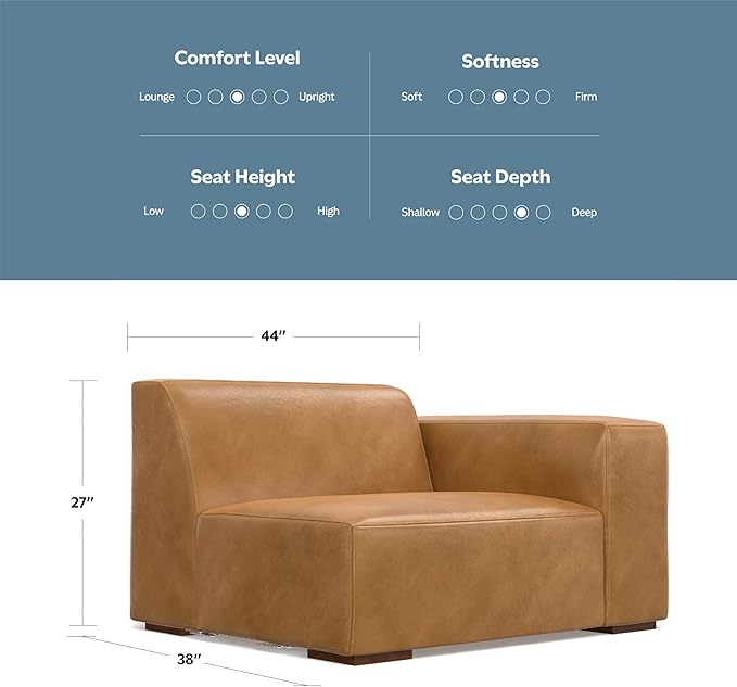 SIMPLIHOME Rex Right-Arm Sofa Module in Full-Grain Genuine Leather, Sienna, 44-inches Wide, Handcrafted Modern-Style Right-Arm Accent Chair for Living Room and Family Room