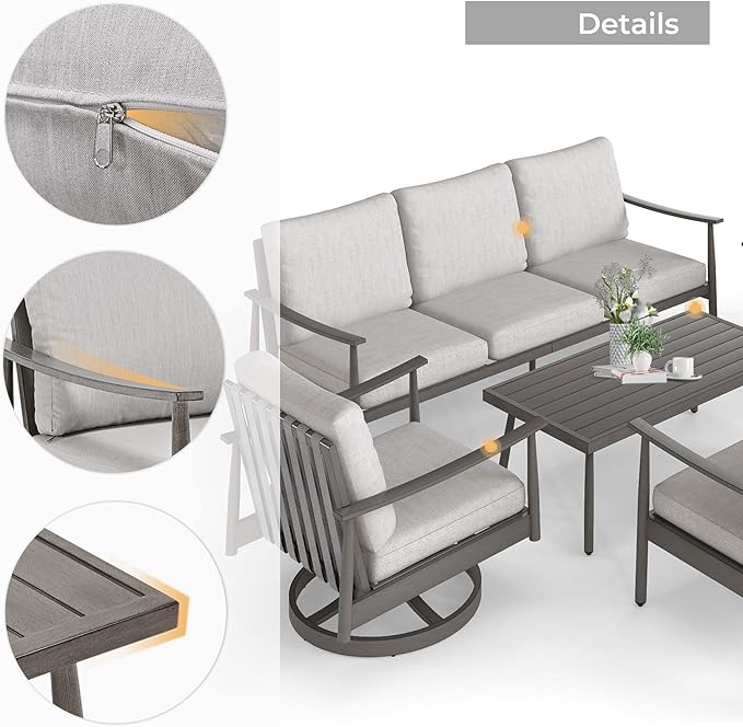 HAPPATIO Outdoor Furniture Set - 5 Piece Aluminum Patio Conversation Set with 1 Coffee Table, 2 Swivel Chairs, Loveseat and 3-Seat Sofa, Aluminum Patio Furniture Set for Backyard Deck Poolside (Grey)