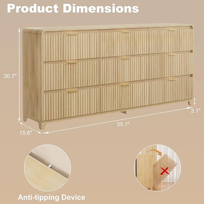 3 Piece Bedroom Furniture Set 9 Drawer Fluted Dresser & 2 Nightstand Sets with Metal Handle, Charging Station & Storage Cabinet, Modern Design for Bedroom/Living Room, Natural